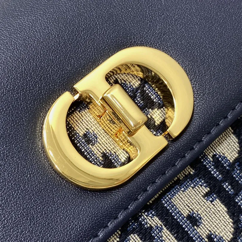 Dior Miss Caro Pouch with Chain In Blue Dior Oblique Jacquard and Smooth Calfskin Gold Hardware