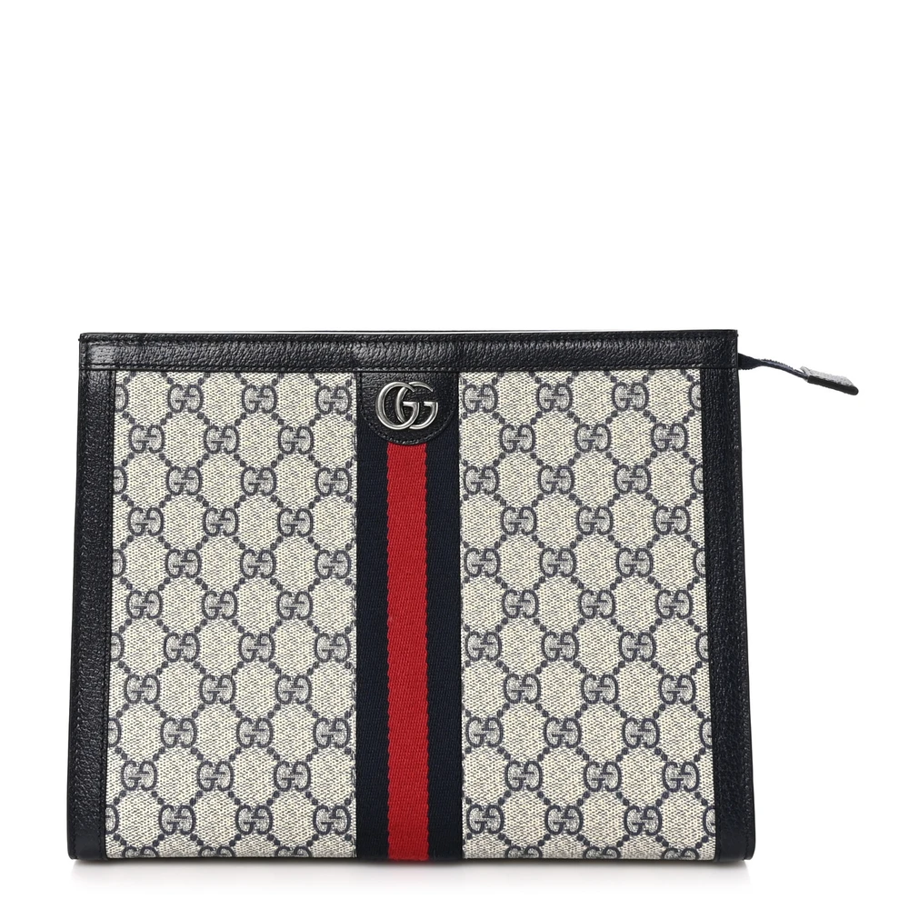 Gucci Bolsa Pequena Ophidia Pouch Bege/Azul GG Supreme Monogram Canvas Hardware Dourado