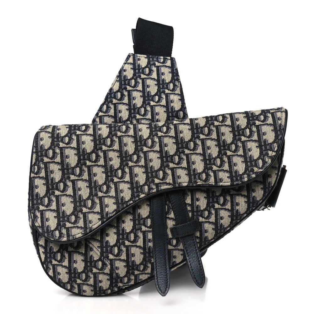 Dior Bolsa Saddle Média Masculina em Canvas Oblíquo Azul com Hardware Prateado