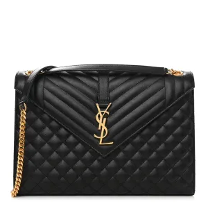 Saint Laurent Large Satchel Black Triquilt Monogram Grain De Poudre Textured Mixed Matelasse Leather Gold Hardware