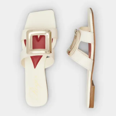 Roger Vivier Viv' By The Sea Mules Flats In White Leather With Metal Buckle