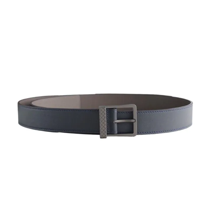 Bottega Veneta Men's Square Buckle Belt In Black/Coffee/Blue Calfskin With Matte Gun Black Hardware 35mm
