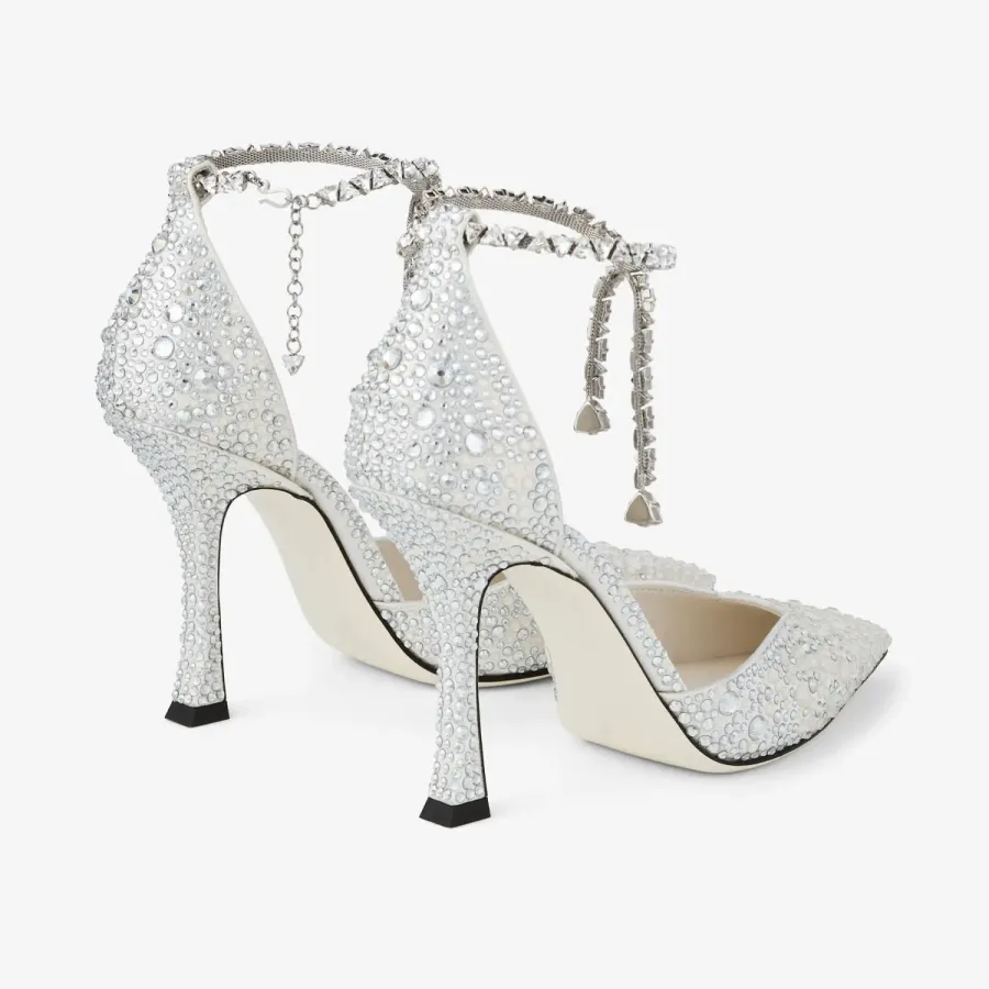JIMMY CHOO Crystal decorated ivory white satin heels