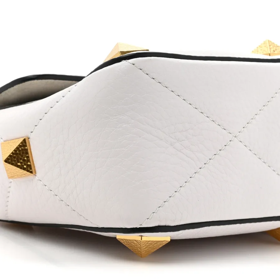 Valentino Garavani Medium Roman Stud Shoulder Bag Ivory Grained Calfskin Leather Light Gold Hardware