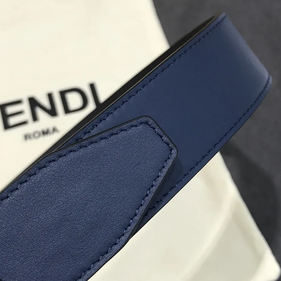 Fendi Men's FF Monster Eyes Belt In Blue/Black Saffiano Leather With Silver Hardware 35mm