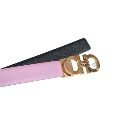 Ferragamo Women's Reversible Double Gancini Belt In Pink/Blue/Pale Pink Calfskin With Gold/Silver Hardware 25mm
