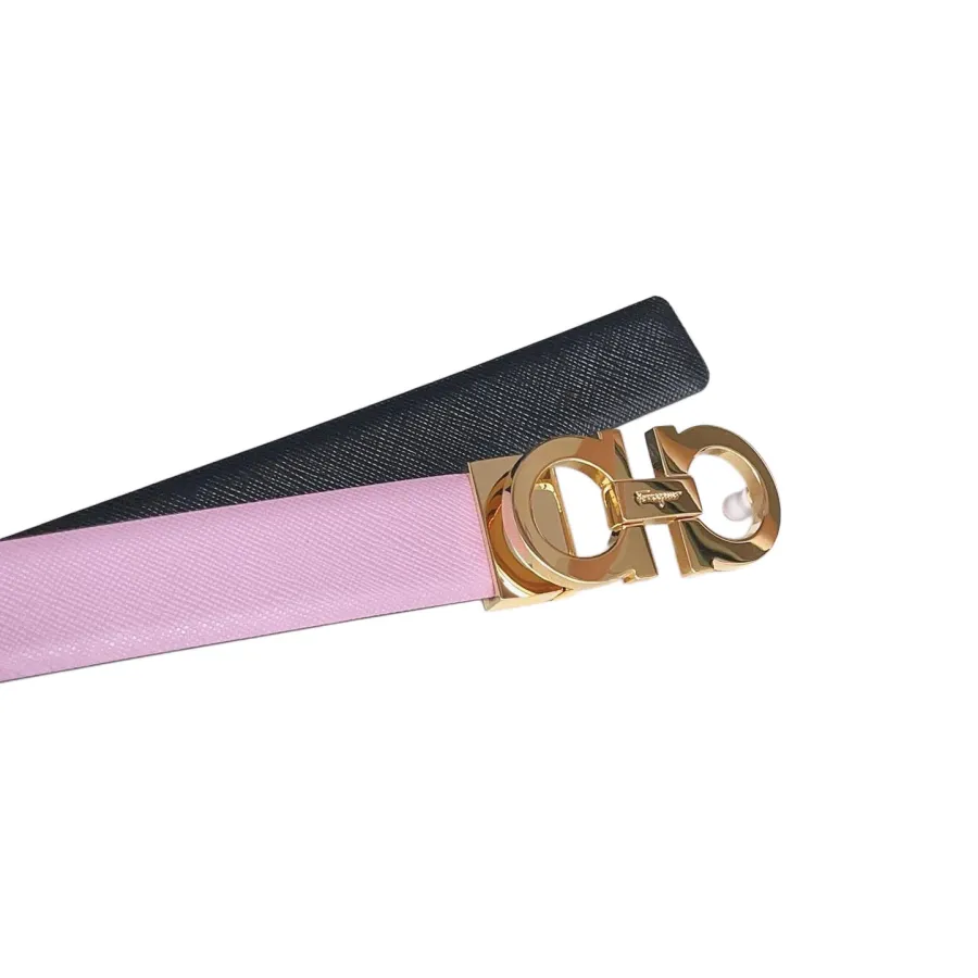 Ferragamo Women's Reversible Double Gancini Belt In Pink/Blue/Pale Pink Calfskin With Gold/Silver Hardware 25mm