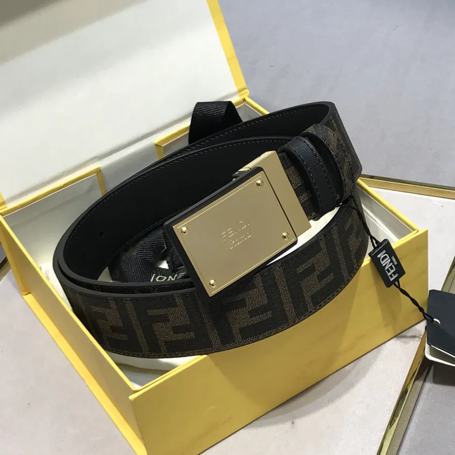 Fendi Men's Rectangle Buckle Belt In Black/Brown/Red Calfskin And Monogram Canvas With Gold/Silver Hardware 38mm