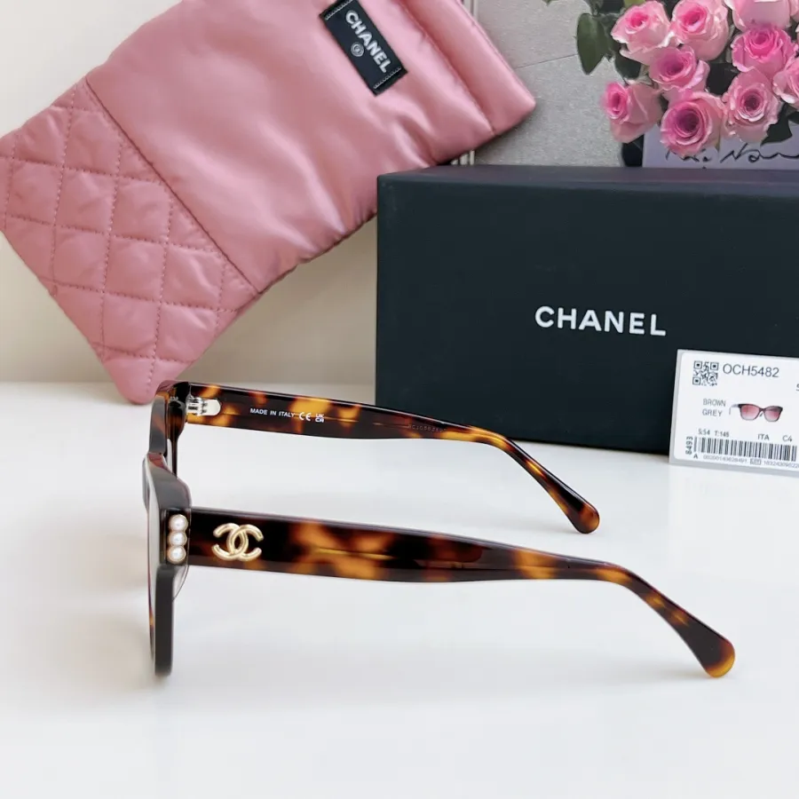 CHANEL square frame pearl glasses leopard-print black color SIZE 54-17-140