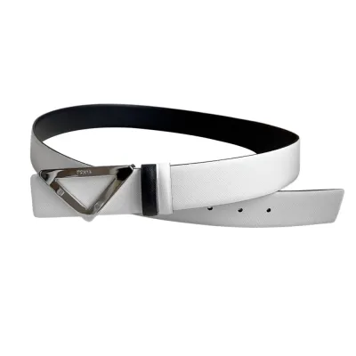 Prada Men' s Triangled Buckle Belt In Black/White/Brown/Blue Saffiano Calfskin With Gold/Silver/Black Hardware 35mm