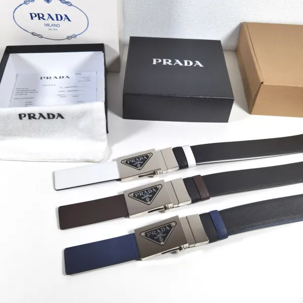 Prada Men' s Square Buckle Belt In Black/Brown/Blue/White Saffiano Calfskin With Silver Hardware 35mm - Image 4