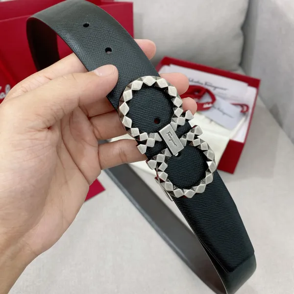 Ferragamo Men's Sharp Double Gancini Buckle Reversible Belt In Black/Coffee Saffiano Calfskin With Gold/Silver Hardware 35mm - Image 2