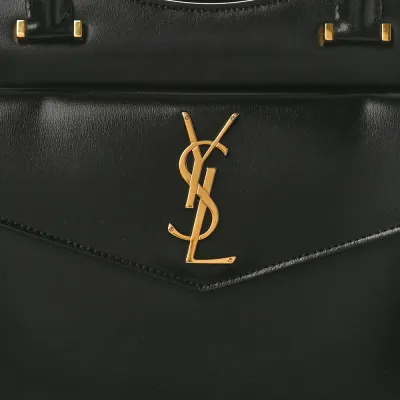 Saint Laurent Medium Uptown Tote Black Shiny Calfskin Leather Gold Hardware