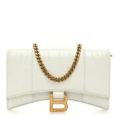 Balenciaga XS Hourglass Chain Bag White Crocodile Embossed Shiny Calfskin Leather Gold Hardware