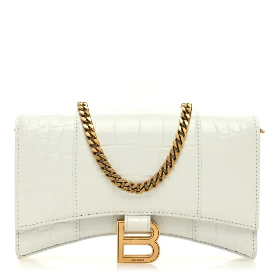 Balenciaga XS Hourglass Chain Bag White Crocodile Embossed Shiny Calfskin Leather Gold Hardware