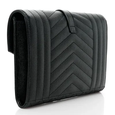 Saint Laurent Medium Clutch Black Triquilt Monogram Grain De Poudre Textured Mixed Matelasse Leather Gold Hardware