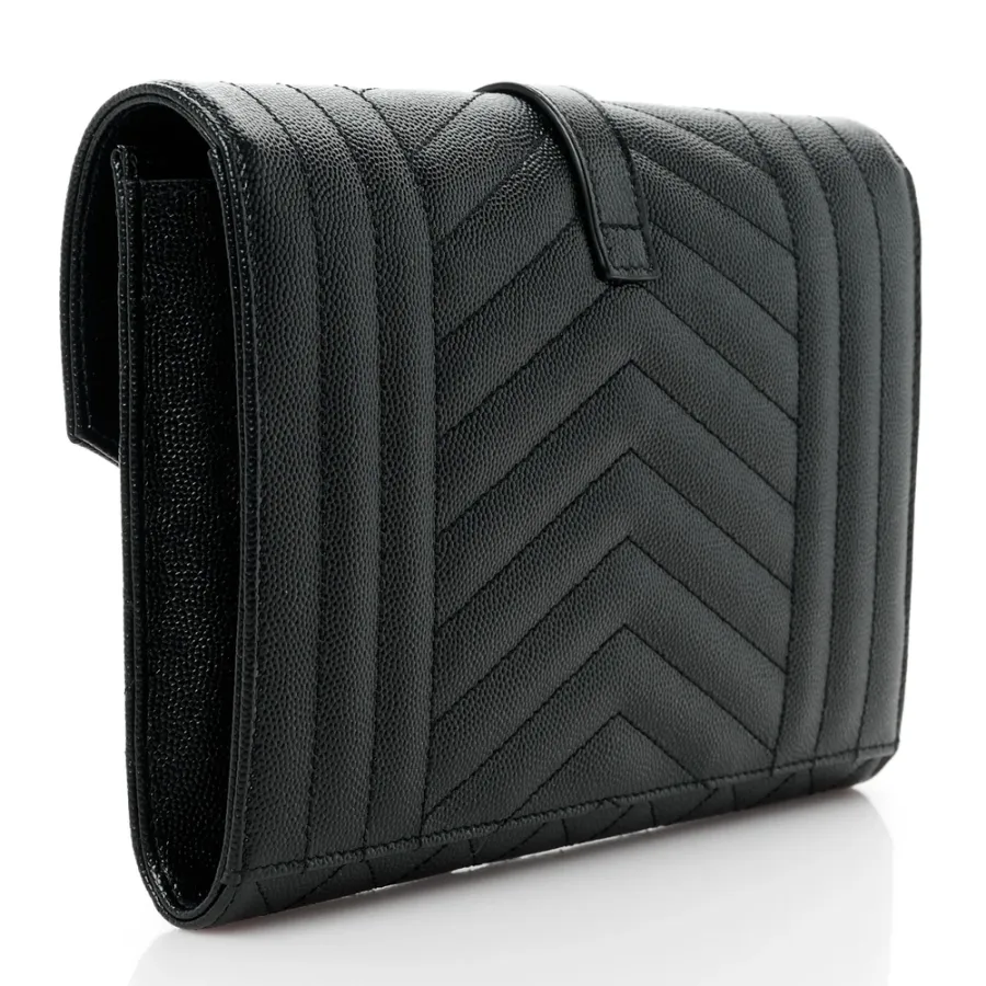 Saint Laurent Medium Clutch Black Triquilt Monogram Grain De Poudre Textured Mixed Matelasse Leather Gold Hardware