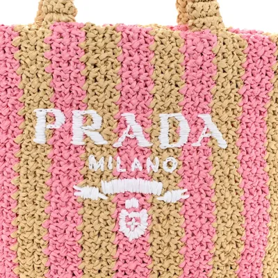 Prada Small Effect Crochet Striped Logo Tote Naturale/Petalo Yarn Raffia