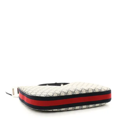 Gucci Large Web Attache Shoulder Bag Beige/Blue GG Supreme Monogram Canvas & Textured Calfskin Leather Silver Hardware