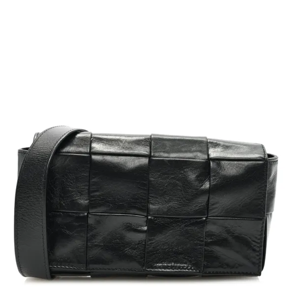 Bottega Veneta Small Intreccio Cassette Belt Bag Black Paper Calfskin Leather