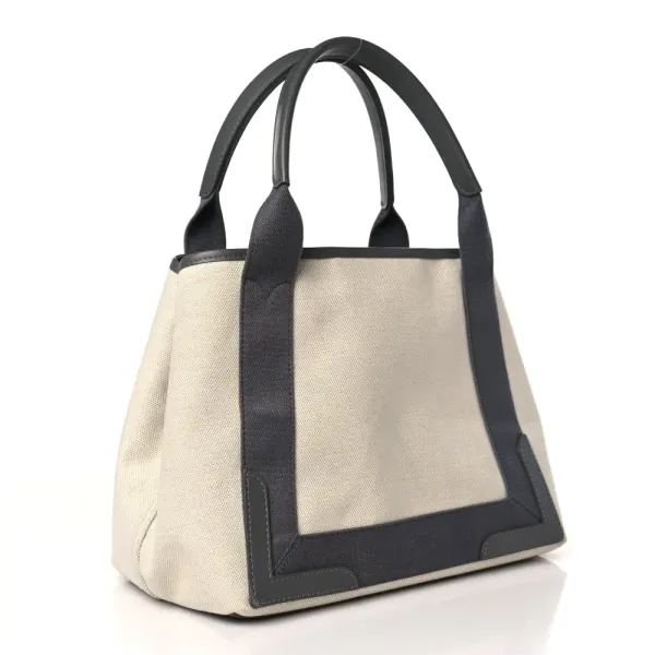 Balenciaga S Navy Cabas Naturel Gris Acier Cotton Canvas & Calfskin Leather - Image 3