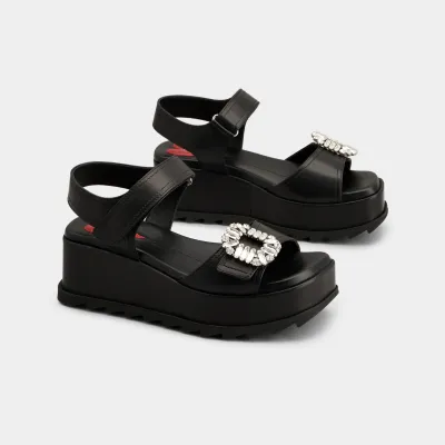Roger Vivier Slidy Viv' Wedge Sandals In Black Calfskin Leather With Crystal Buckle (Heel Height 6.5cm)