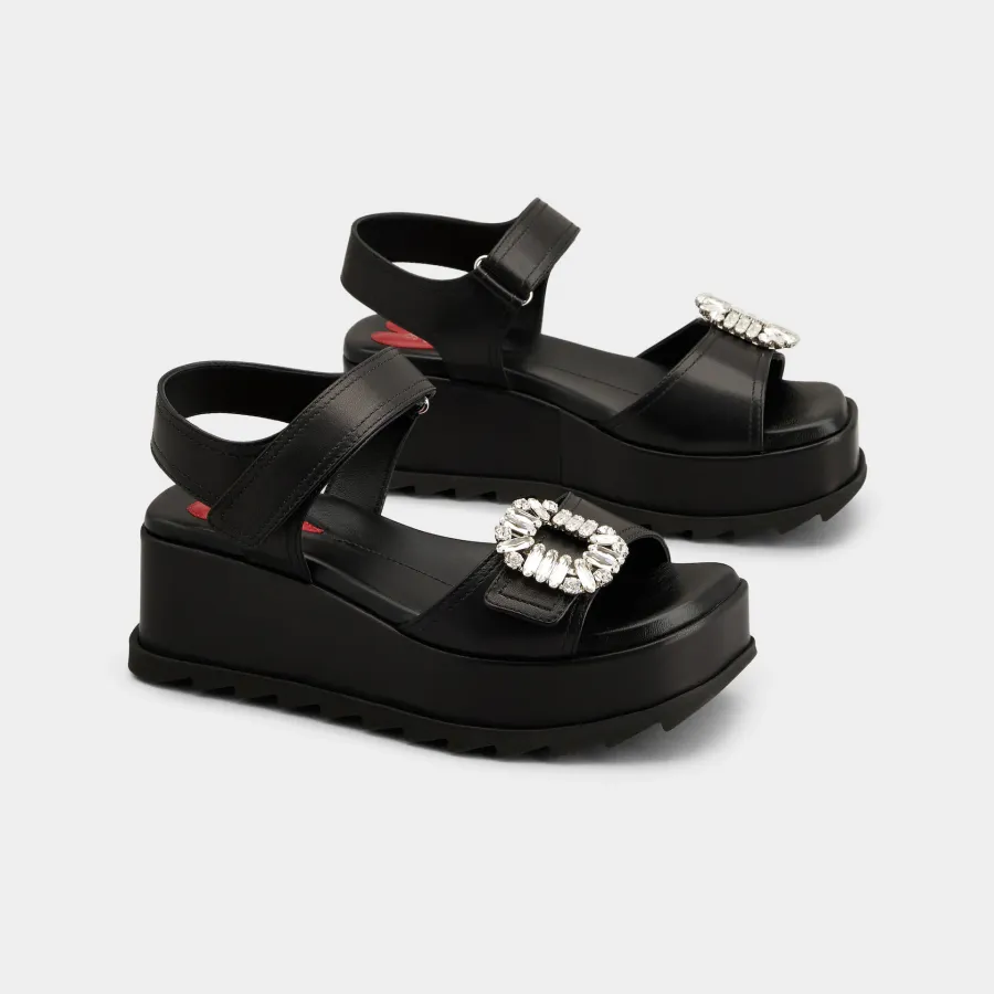 Roger Vivier Slidy Viv' Wedge Sandals In Black Calfskin Leather With Crystal Buckle (Heel Height 6.5cm)