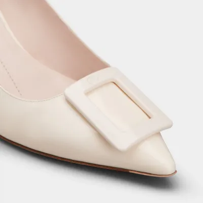 Roger Vivier Virgule Slingback Pumps High Heels In White Patent Leather With Lacquered Metal Buckle (Heel Height 5.5cm)