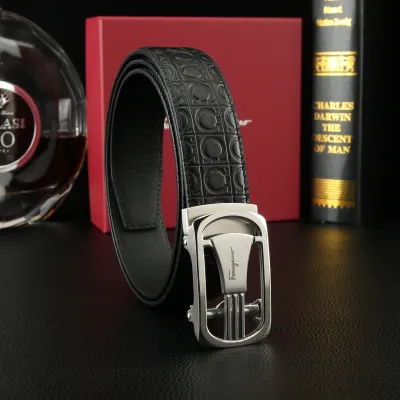 Ferragamo Men's Square Buckle Belt In Black Gancini Monogram Calfskin With Gold/Silver Hardware 35mm