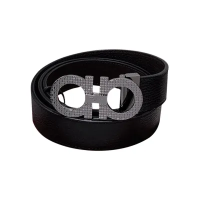 Ferragamo Men's Double Gancini Buckle Reversible Belt In Black Grained Calfskin With Gold/Silver Hardware 35mm