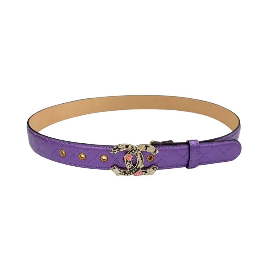Chanel Women's Decorative CC Buckle Belt In Silver/Purple Diamond Stitching Calfskin With Gold/Silver Hardware 30mm