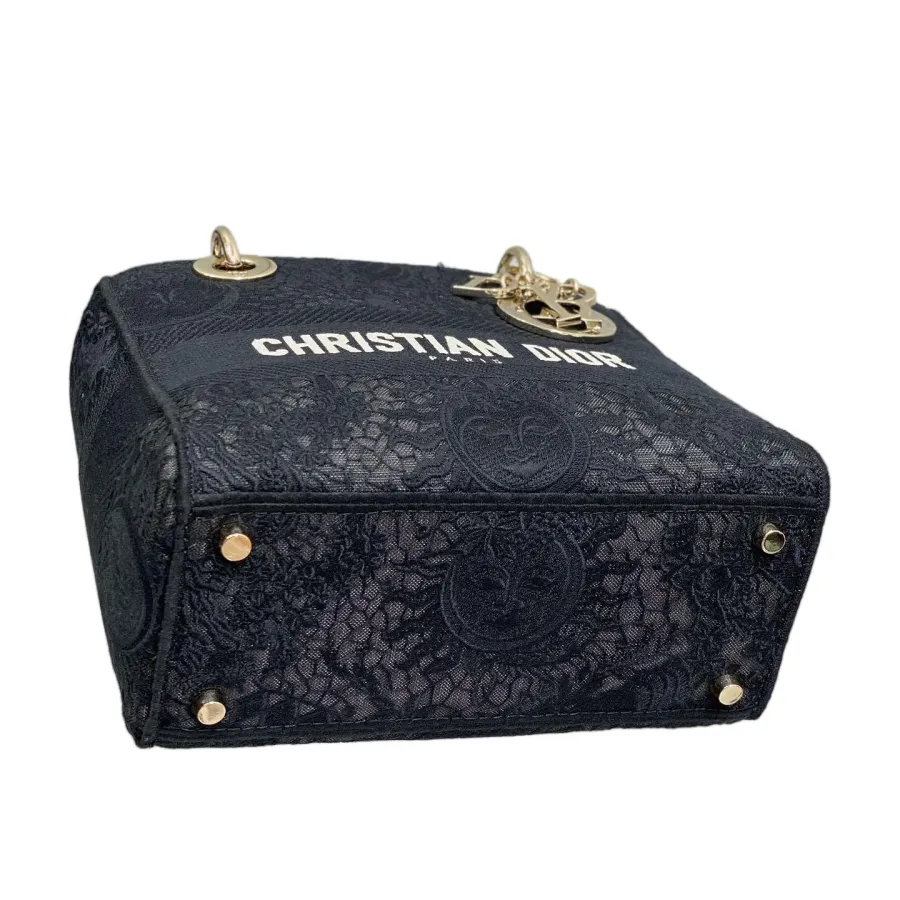 Dior Medium Lady D-Lite In White/Black Lace Embroidered Canvas Gold Hardware