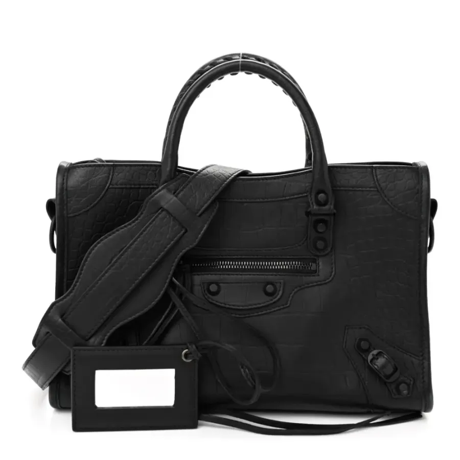 Balenciaga S City Classic Black Crocodile Embossed Matte Supple Lambskin Leather Incognito Hardware