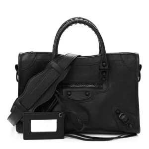 Balenciaga S City Classic Black Crocodile Embossed Matte Supple Lambskin Leather Incognito Hardware