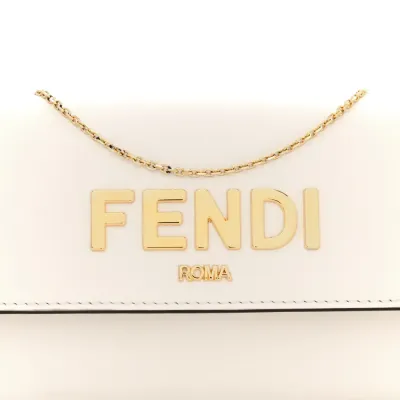 Fendi Metal Fendi Roma Logo Chain Continental Wallet White Kyoto Vitello Leather Gold Hardware