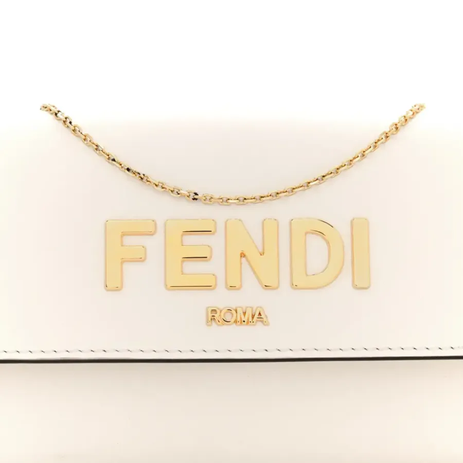Fendi Metal Fendi Roma Logo Chain Continental Wallet White Kyoto Vitello Leather Gold Hardware