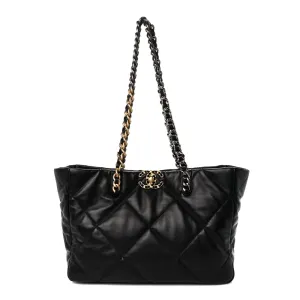 Chanel East-West Shopping Bag Medium Black Chanel 19 Quilted Lambskin Leather Mixed Metal Hardware