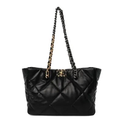 Chanel East-West Shopping Bag Medium Black Chanel 19 Quilted Lambskin Leather Mixed Metal Hardware