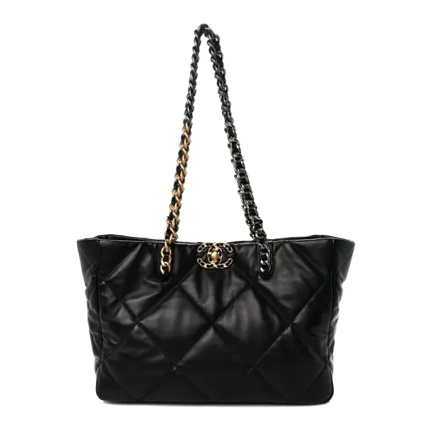 Chanel East-West Shopping Bag Medium Black Chanel 19 Quilted Lambskin Leather Mixed Metal Hardware