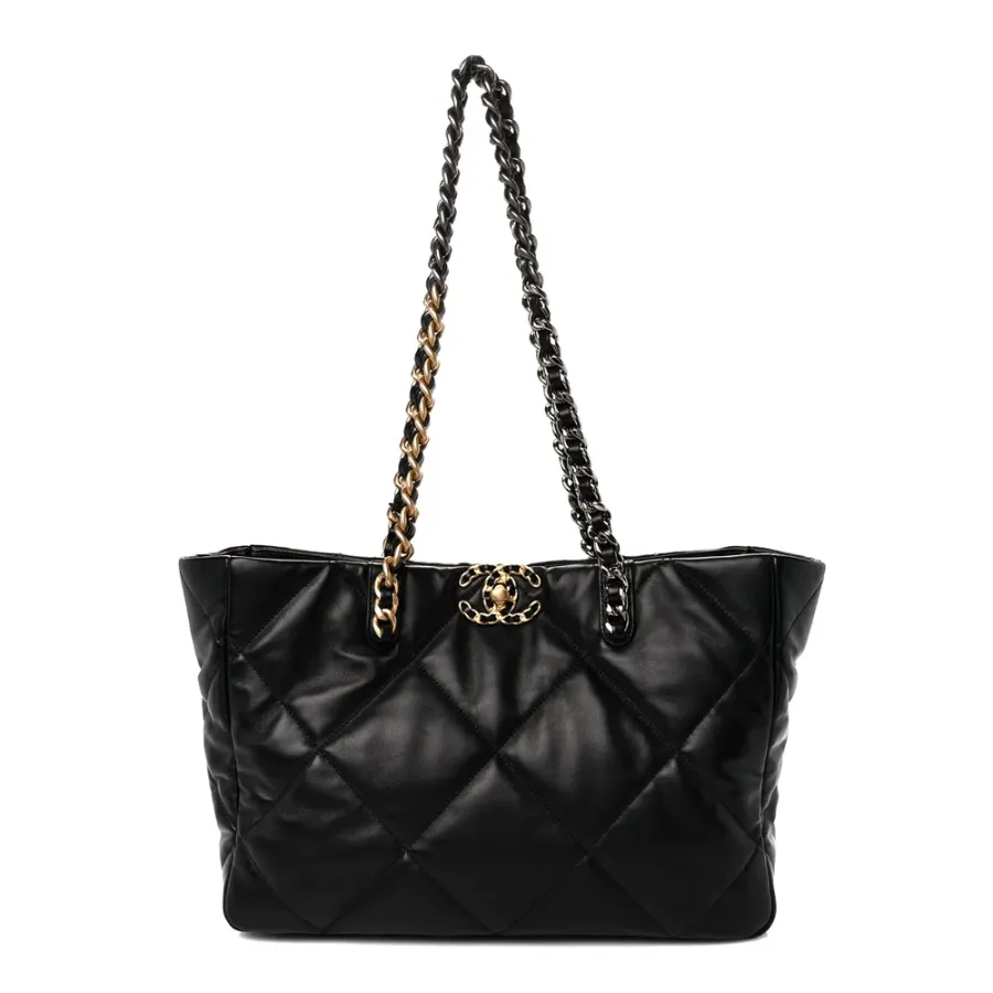 Chanel East-West Shopping Bag Medium Black Chanel 19 Quilted Lambskin Leather Mixed Metal Hardware