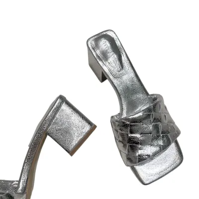 Bottega Veneta Parco Mule In Silver Intrecciato Leather Kitten-Heel Mule Sandal (Heel Height 4.5cm)