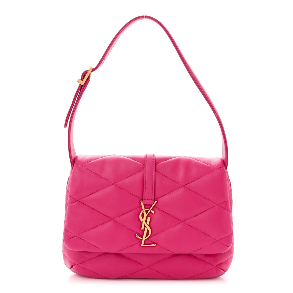 Saint Laurent Bolsa de Ombro Média Le 57 Batom Fuchsia Diamante em Couro de Cordeiro Acolchoado com Hardware Envelhecido Ouro