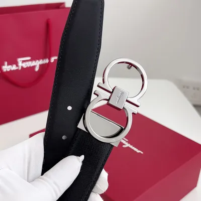 Ferragamo Men's Thin Double Gancini Buckle Reversible Belt In Black Saffiano Calfskin With Gold/Silver Hardware 35mm