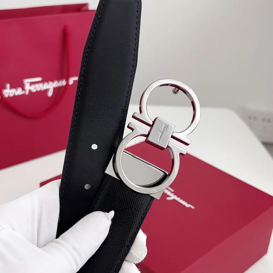 Ferragamo Men's Thin Double Gancini Buckle Reversible Belt In Black Saffiano Calfskin With Gold/Silver Hardware 35mm