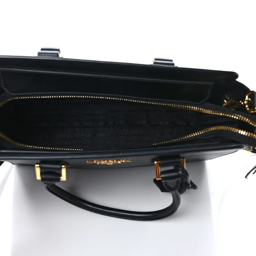 Prada Small Zippered Tote Bag Black Saffiano Soft Calfskin Leather Gold Hardware