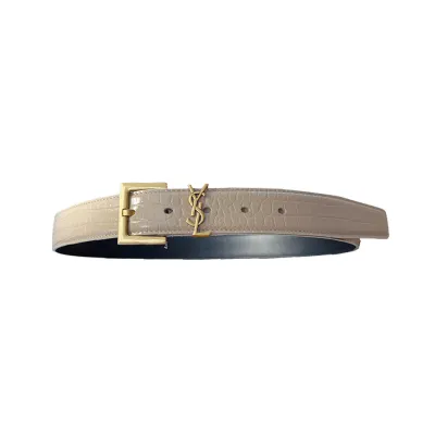 Saint Laurent Cassandre Belt In Black/Beige/Green Crocodile-Embossed Leather With Gold Hardware 30mm