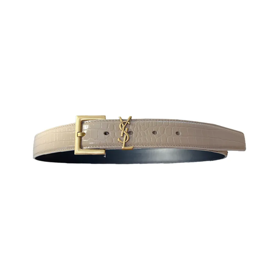Saint Laurent Cassandre Belt In Black/Beige/Green Crocodile-Embossed Leather With Gold Hardware 30mm