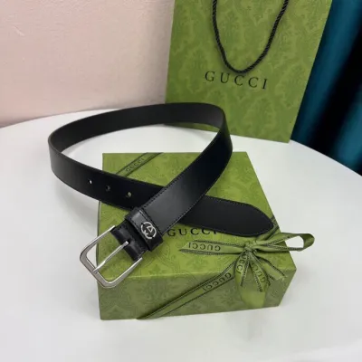 Gucci Men's Square Buckle And Interlocking G Belt In Black/Brown Calfskin With Gold/Silver Hardware 35mm