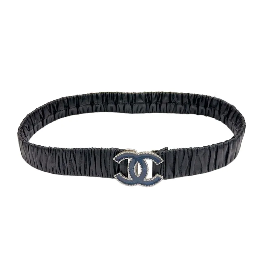 Chanel Women's Heart/CC Buckle Elastic Belt In Black Lambskin With Gold/Silver Hardware 30mm