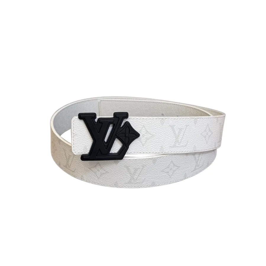 Louis Vuitton Men's LV Flower Buckle Belt  In White/Black/Grey/Blue Calfskin And White/Grey/Blue Monogram Canvas 40mm